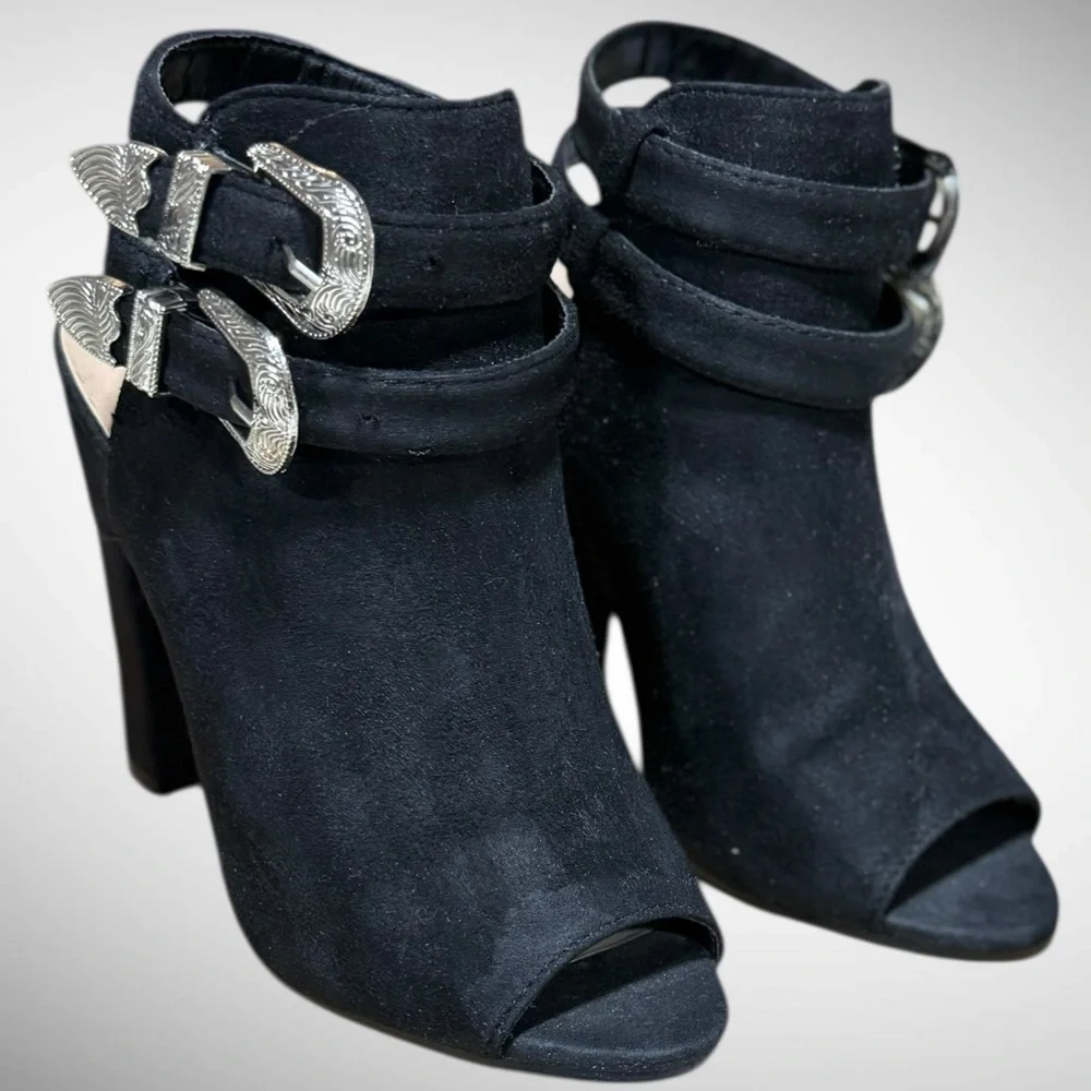 Black Faux Suede Peep Toe Block Heel Boots with buckle detailing Size 6 - Picture 5 of 15